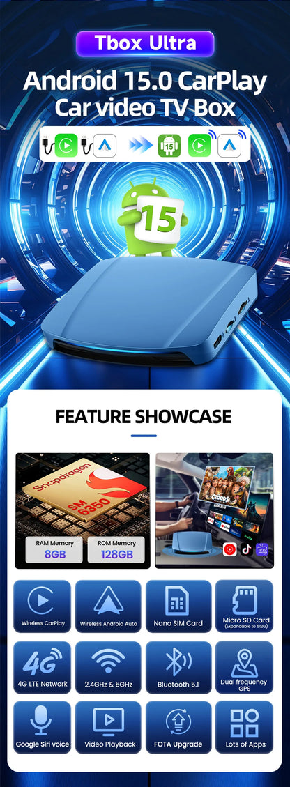 2026 Android 15 Tbox Ultra 8GB+128GB CarPlay Ai Box 4G LTE Wireless CarPlay Android Auto GPS SM6350 8-Core For Netflix YouTube