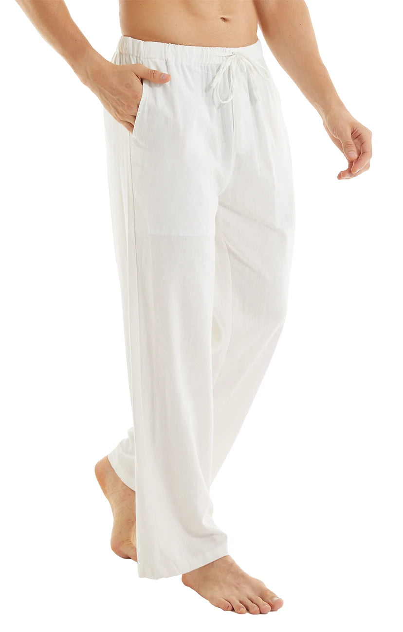 Men's Casual Linen Cotton Yoga Pants Breathable Loose Sweatpants Beach Trousers Lounge Pants Elastic Waist Fitness Pants