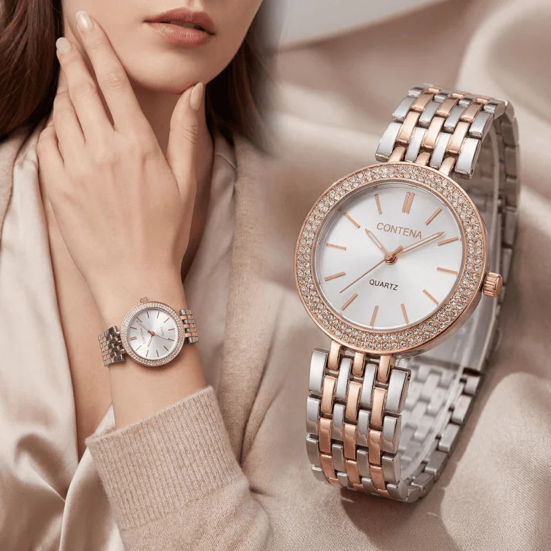 New Women's Watches Luxury Brand Contena Ladies Quartz Watch Full Stainless Steel Female Clock Wristwatches Gift Reloj Mujer
