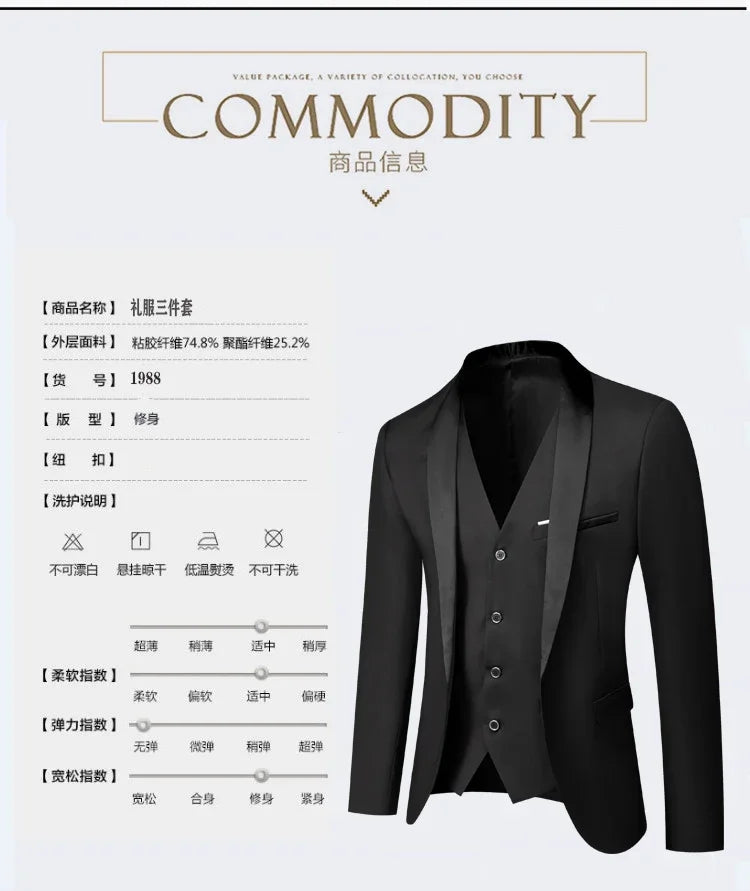 Black White Men Autumn Wedding Party Three Pieces Set Large Size Male Blazer Coat Pants and Vest Fashion Slim Fit Suit
