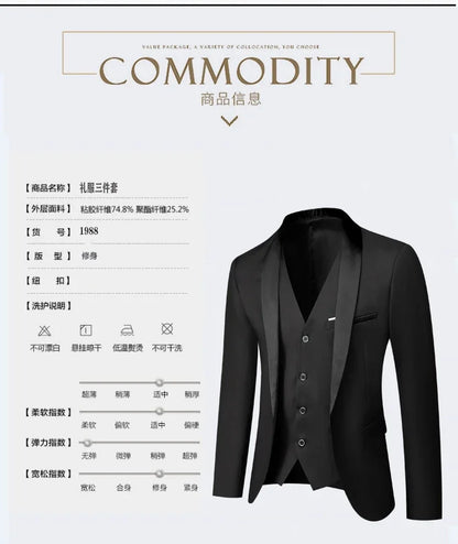 Black White Men Autumn Wedding Party Three Pieces Set Large Size Male Blazer Coat Pants and Vest Fashion Slim Fit Suit