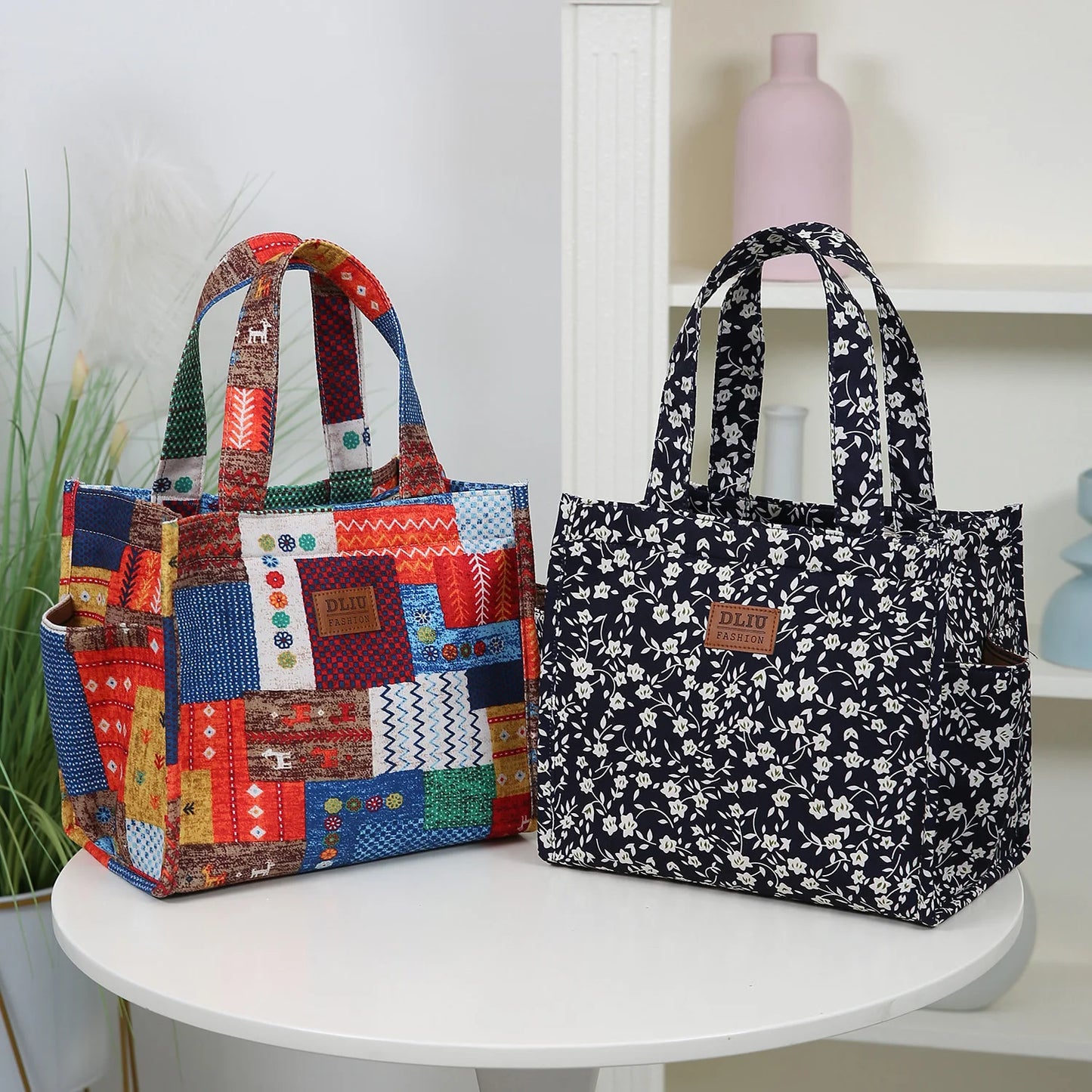 New floral print thickened fabric handbag, lunch bag, portable lunch box storage bag, zipper design, multifunctional tote