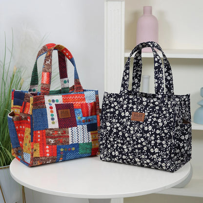 New floral print thickened fabric handbag, lunch bag, portable lunch box storage bag, zipper design, multifunctional tote
