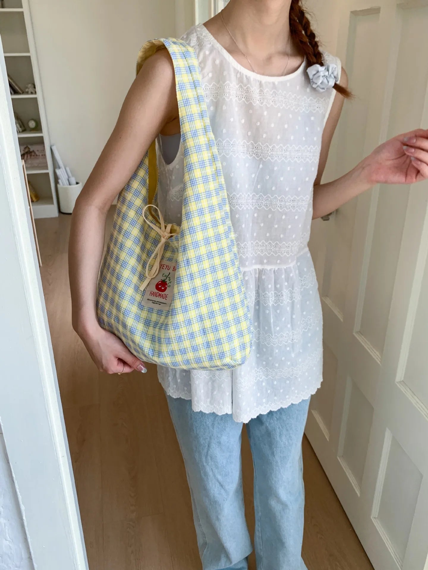 Cartoon Tomato Standard Plaid Vest Bag Large-Capacity Student Class Double-sided Backpack Fashionable Versatile Shoulder Bag