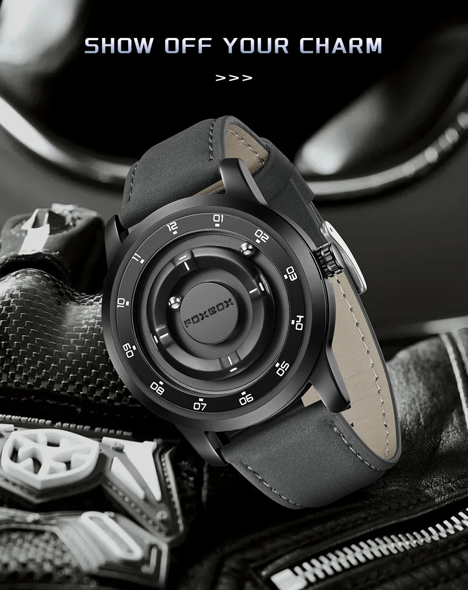 FOXBOX Watch Planet Design Fashion Floating Magnetic Pointer Free Ball Bearing Creative Simple Waterproof Quartz Watch for Men