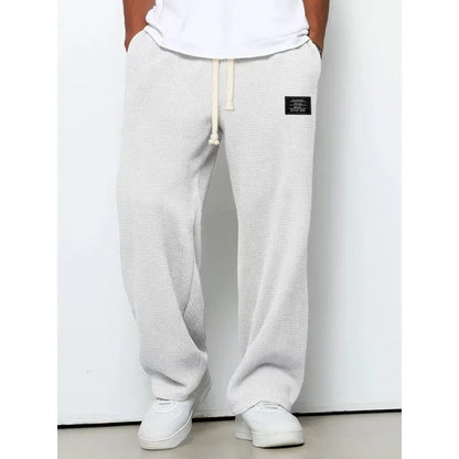 Men Waffle Knit Wide Leg Pants Elastic Drawstring Casual Trousers Loose Streetwear Workout Jogger PantsS-4XL