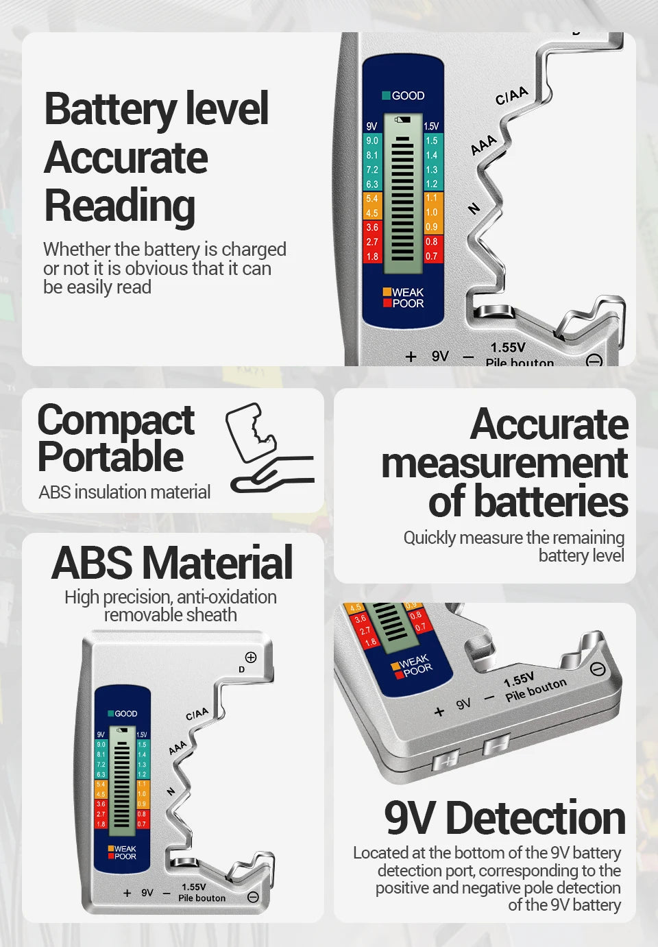 ANENG BT1688 Universal Card Battery Tester D C AA AAA N Battery Test Intuitive Detector Portable  9V 1.55V Button Cell Tools