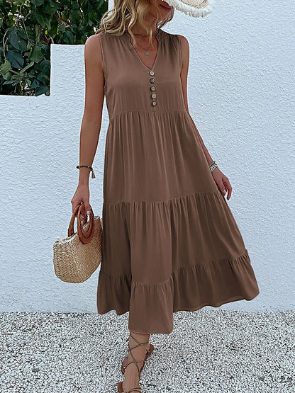Casual Summer Midi Dress Women Sleeveless Tank V Neck Buttons Ruffle Loose Dresses Beach Soild Sundress Fashion