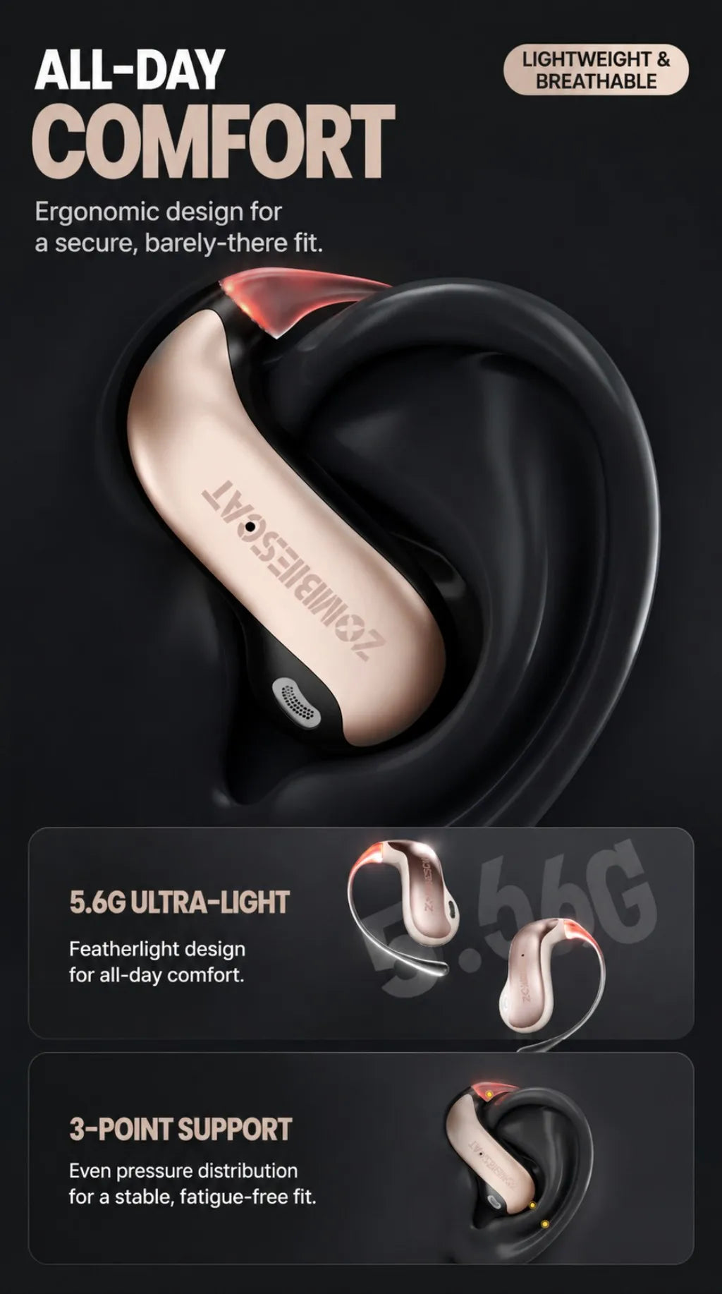 ZOMBIECAT B22 Open Ear Wireless Earbuds Bluetooth 6.0 14mm Driver Sport Headphones LED Light AI Translation for Running Cycling