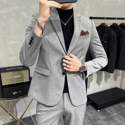 High quality Korean slim fit (suit + trousers) Fashion business handsome casual solid color wedding suit two-piece set