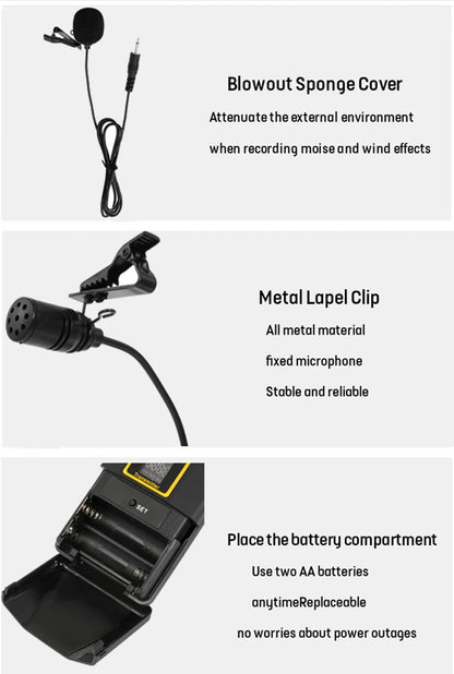 Professional UHF Wireless Lavalier Microphone with Audio Monitor Function Mic 2 Channels 80m Range for DSLR Cameras Interview