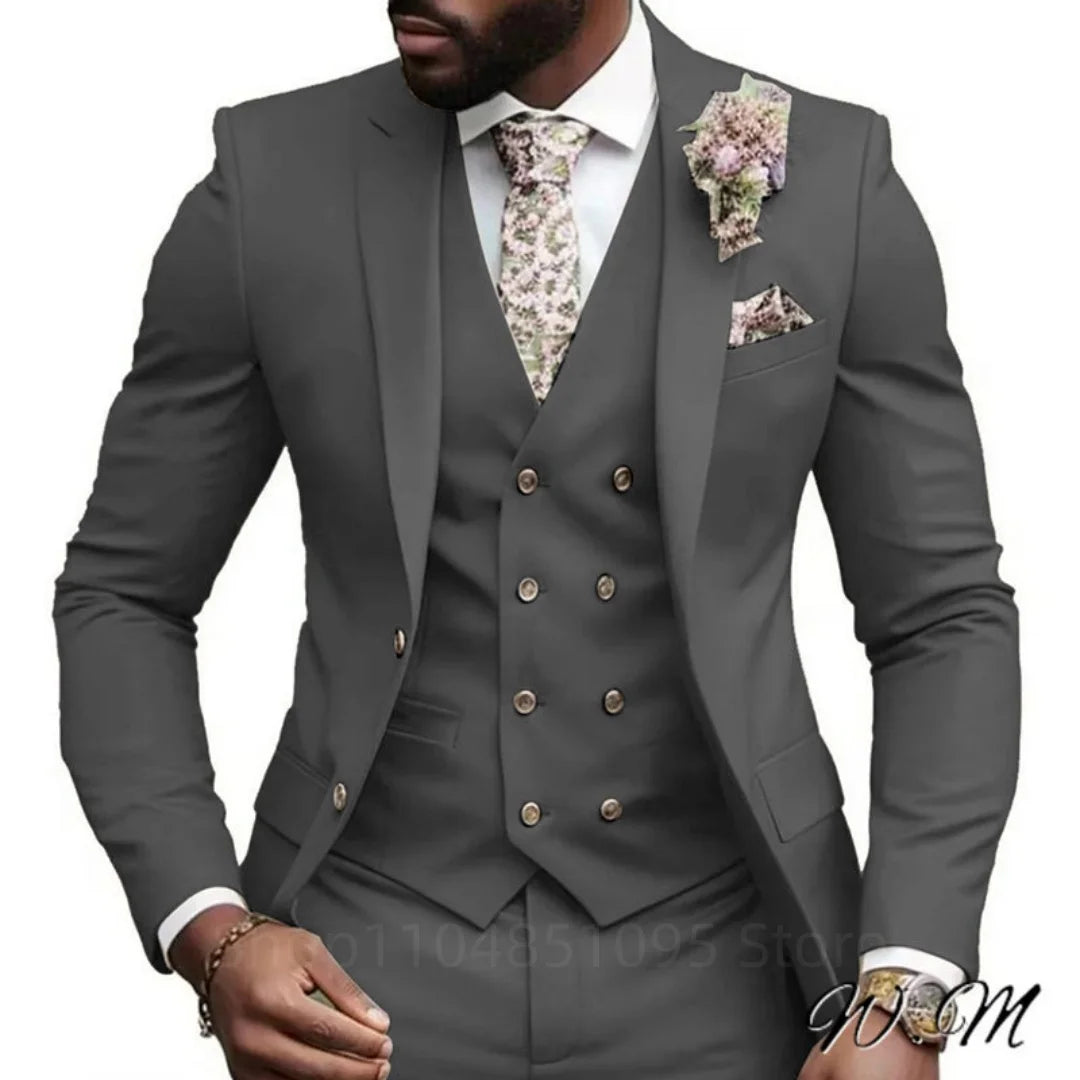 High Quality Green Business Men Suits Slim Fit Male Clothing Elegant Wedding 3 Piece Two Buttons Jacket Vest Pants Party Sets