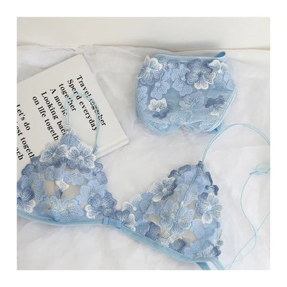 French Lace Bralette Small Bust Women Wireless Ultra Thin Sexy Embroidery Mesh No Underwire Push Up Comfort Bra Set BANERDANNI