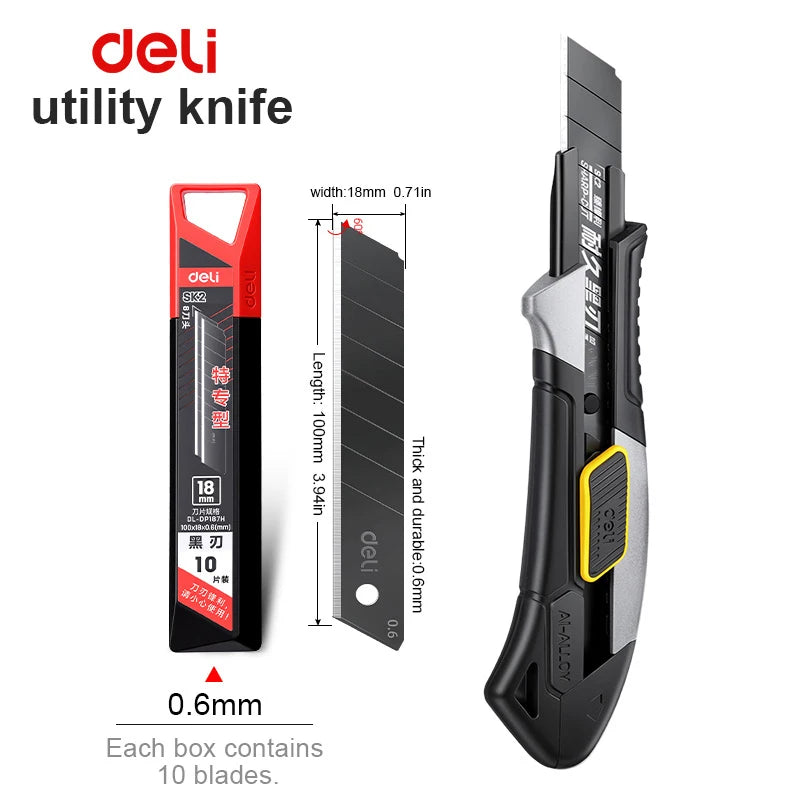 Pro Aluminum Cutter 18mm SK2 Black Blade Thick 0.6mm Rubber Grip Sharp Box Knife + 10pcs Blades Set Heavy Duty DIY Tool