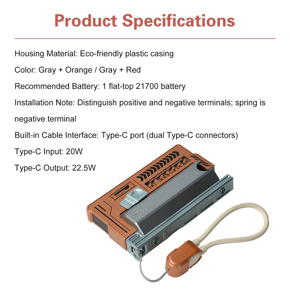 1 Section Welding Free 21700 Mobile Power Case PD 20W Fast Charging Built-In Cable Detachable Power Bank DIY Battery Box