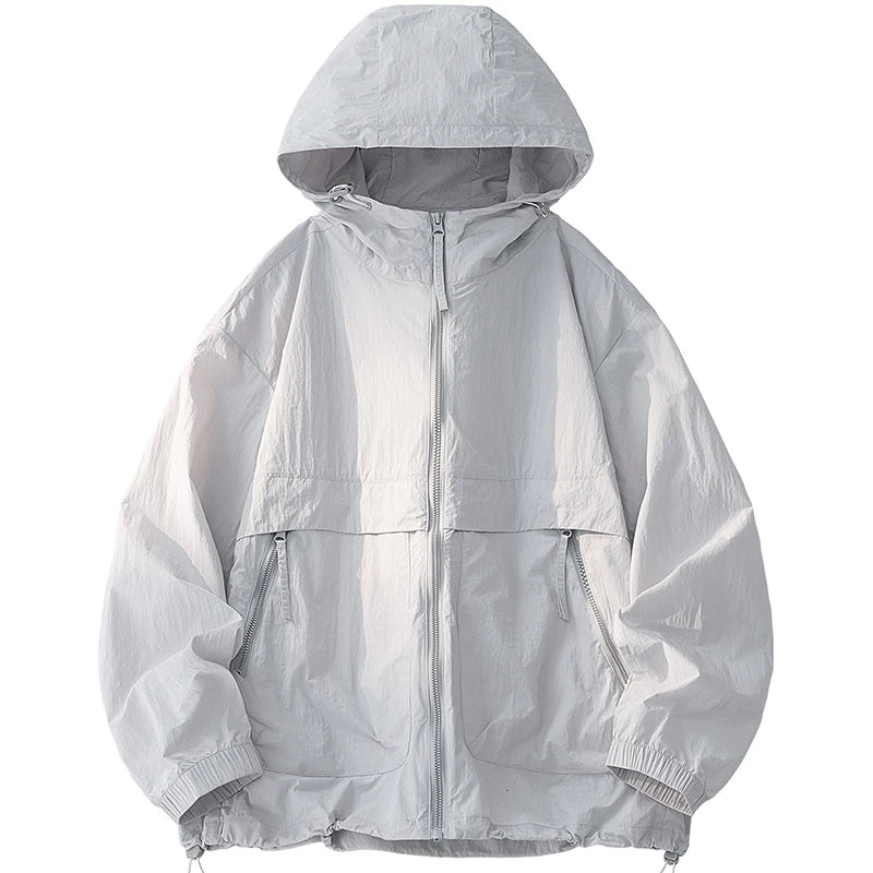 UPF50+ Men's Hooded Sunscreen Jacket Summer Ultra Thin Zipper Pocket Windbreaker Elastic Cuffs Outdoor Hiking Fishing Skin Coats