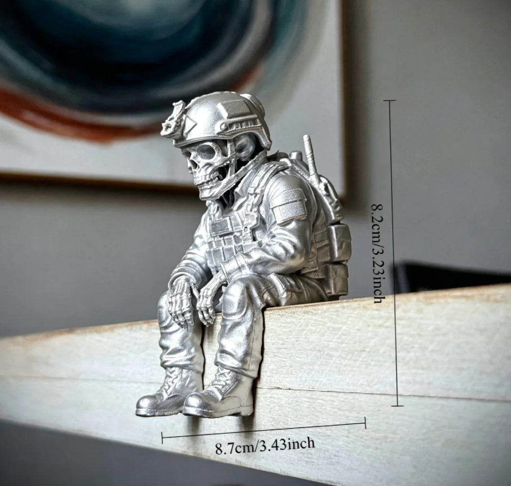 Sitting Tactical Skull Soldier Cool Ornament Home Office Military Skull Soldier Figurine Whimsical Seated Warrior Ornament Decor