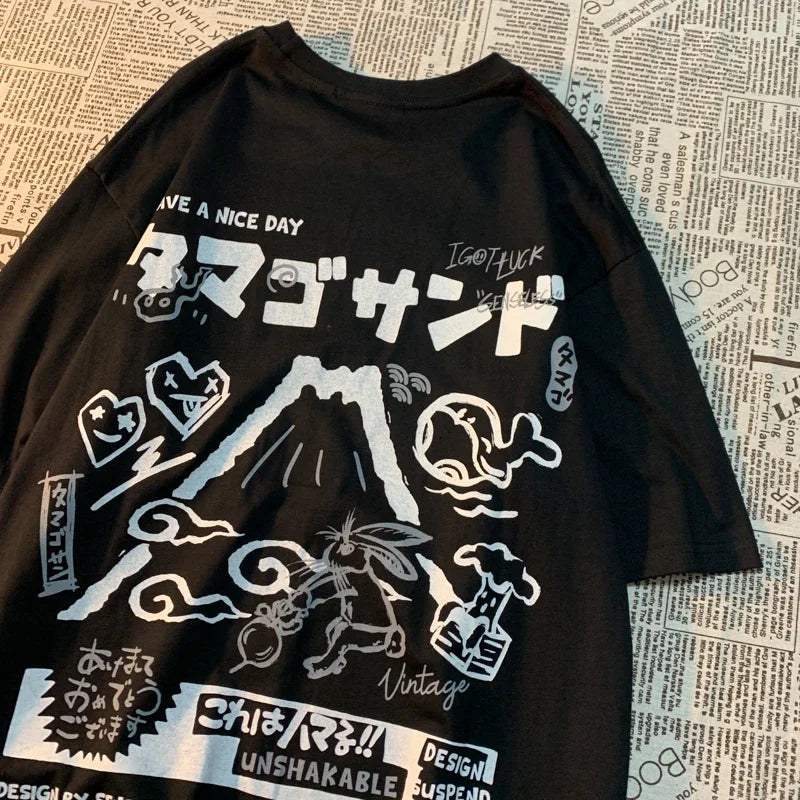 American Rabbit Volcano Retro Cartoon Print Short Sleeve T-shirt Women's Fashion Loose All-match Couple T-shirt Graphic T Shirts