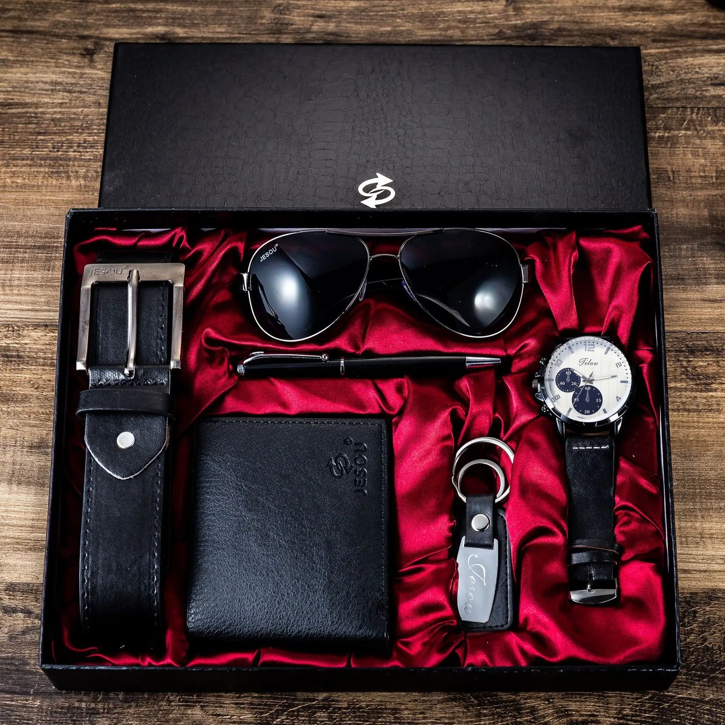 Gift Business Luxury Company Mens Set 6 in 1 Watch Glasses Pen Keychain Belt Purse Welcome Holiday Birthday