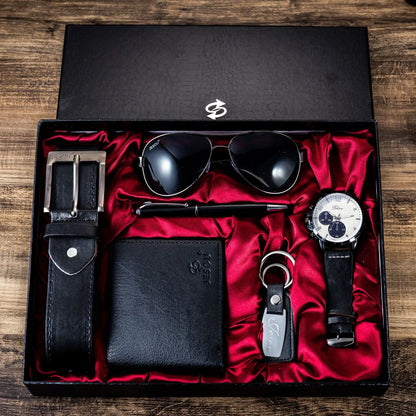 Gift Business Luxury Company Mens Set 6 in 1 Watch Glasses Pen Keychain Belt Purse Welcome Holiday Birthday