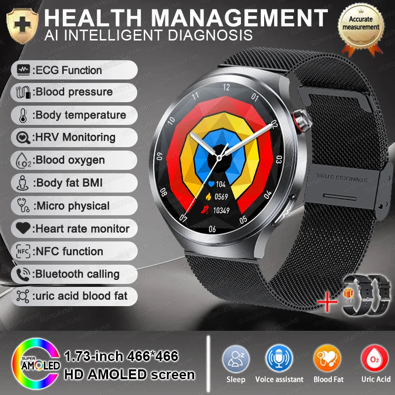 2026New 1.73-inch Sapphire AMOLED Smart Watch Men Women ECG Uric Acid Blood Pressure Health Track Call Clock Care Smartwatch NFC