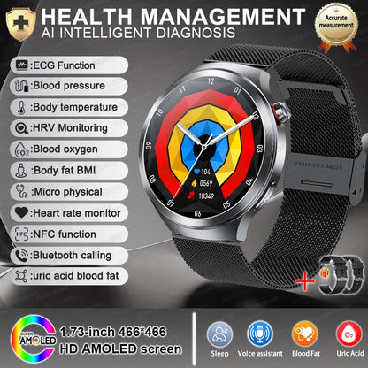 2026New 1.73-inch Sapphire AMOLED Smart Watch Men Women ECG Uric Acid Blood Pressure Health Track Call Clock Care Smartwatch NFC