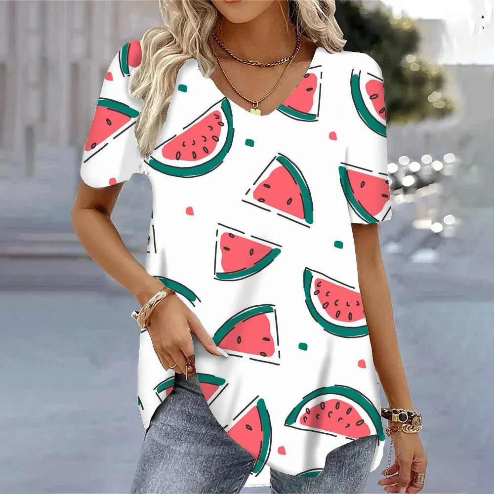 3D Watermelon Printed Women's V-neck Tee Shirts Summer Cool Short Sleeves Tops Fashion Casual Loose Pullovers Female T-shirts