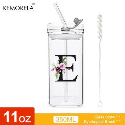 1PCS 24 Letter-Shaped Glass Tumblers with Lid And Straw Coffee Tumbler 300ML Clear Square Drinking Tumbler For Coffee Beer Milk