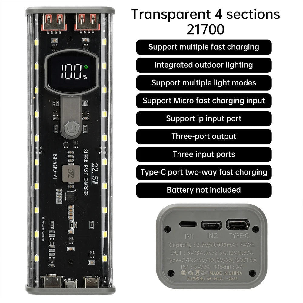 4*21700 DIY Power Bank Case PD22.5W Transparent Quick Charge Battery Box LED Screen Battery Case Kit With Light For Huawei