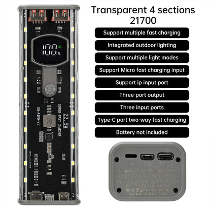 4*21700 DIY Power Bank Case PD22.5W Transparent Quick Charge Battery Box LED Screen Battery Case Kit With Light For Huawei