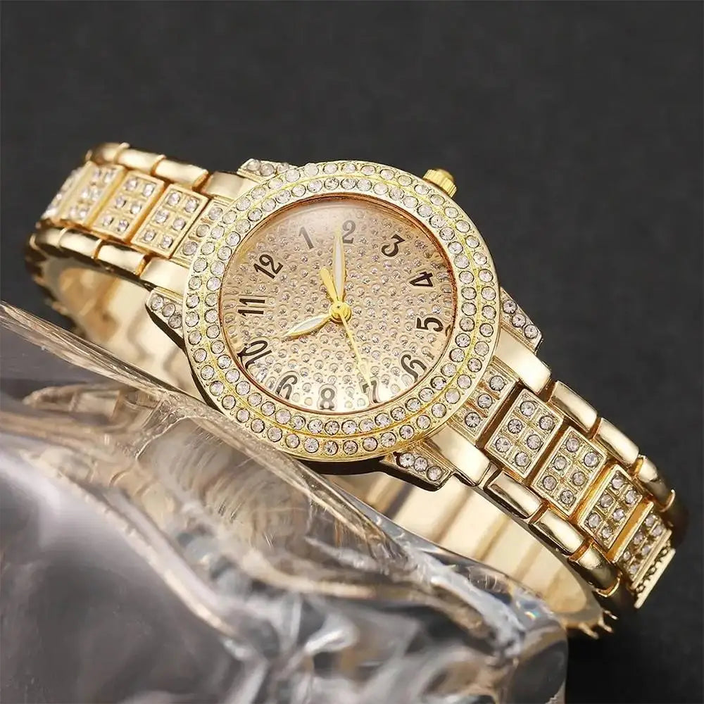 Full Diamond Roman Literal Steel Strip Women's Watch Starry Charm Business Quartz Watch Women's Watch Jewelry Set