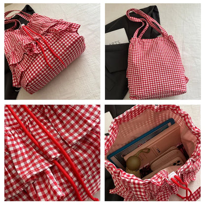 Cute Plaid Cotton Tote Bag Large Capaci Lace Trim Women's Summer 2026 Simple Lady Handbag Soft Shoulder Bags Bolsa Feminina