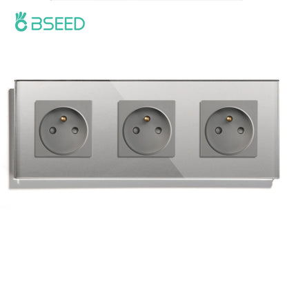 BSEED France Standard Single Wall French Socket Double Power Plug With White Black Gloden Crystal Glass Panel 16A 110V-250V