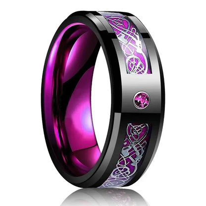 30 Colors Fashion 8MM Men Stainless Steel Celtic Dragon Rings Inlay Carbon Fiber Rings For Men Women Wedding Party Jewelry Gifts