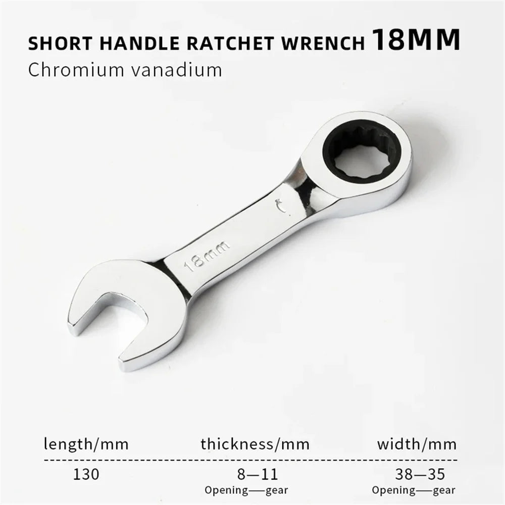 1Set 6mm-19mm Reversible Combination Stubby Single Wrench Stubby Combination 72 Tooth Ratchet Socket Spanner Nut Repair Tools
