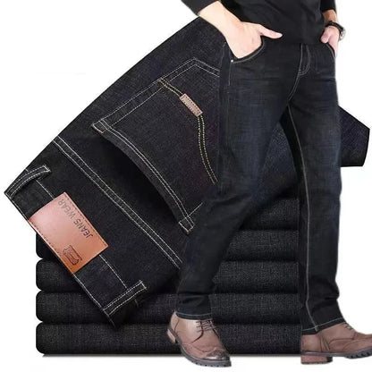 2024 Summer Thin Men's Elastic Cotton Jeans Fashion Gray Comfortable Business Straight Casual Pants High Quality Brand Trousers