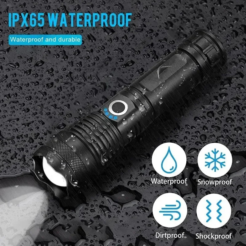 90000LM High Power XHP50 Led Flashlight Rechargeable Torch Zoom Usb Hand Lantern Camping Outdoor Waterproof Emergency