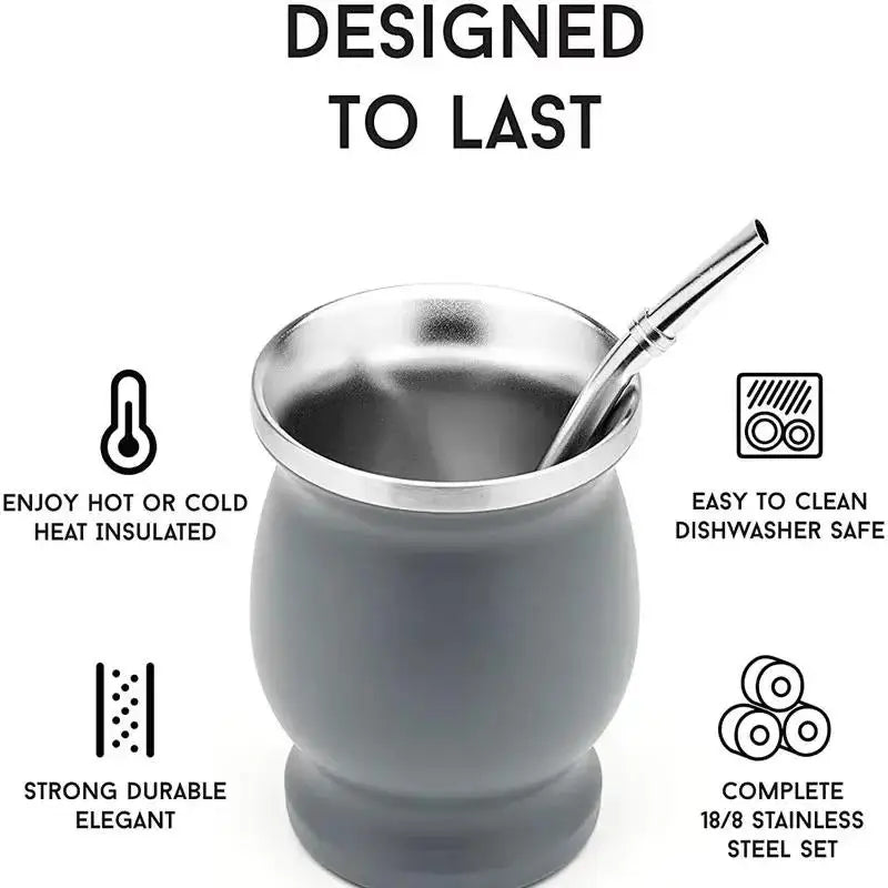 230ML Mate Cup 304 Stainless Steel Double Wall 8oz Portable Tea Mug Mate Tea Gourd With 2 In 1 Straw Spoon Give Cleaning Brush