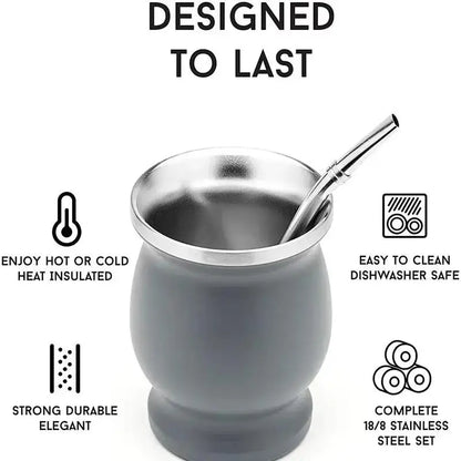 230ML Mate Cup 304 Stainless Steel Double Wall 8oz Portable Tea Mug Mate Tea Gourd With 2 In 1 Straw Spoon Give Cleaning Brush