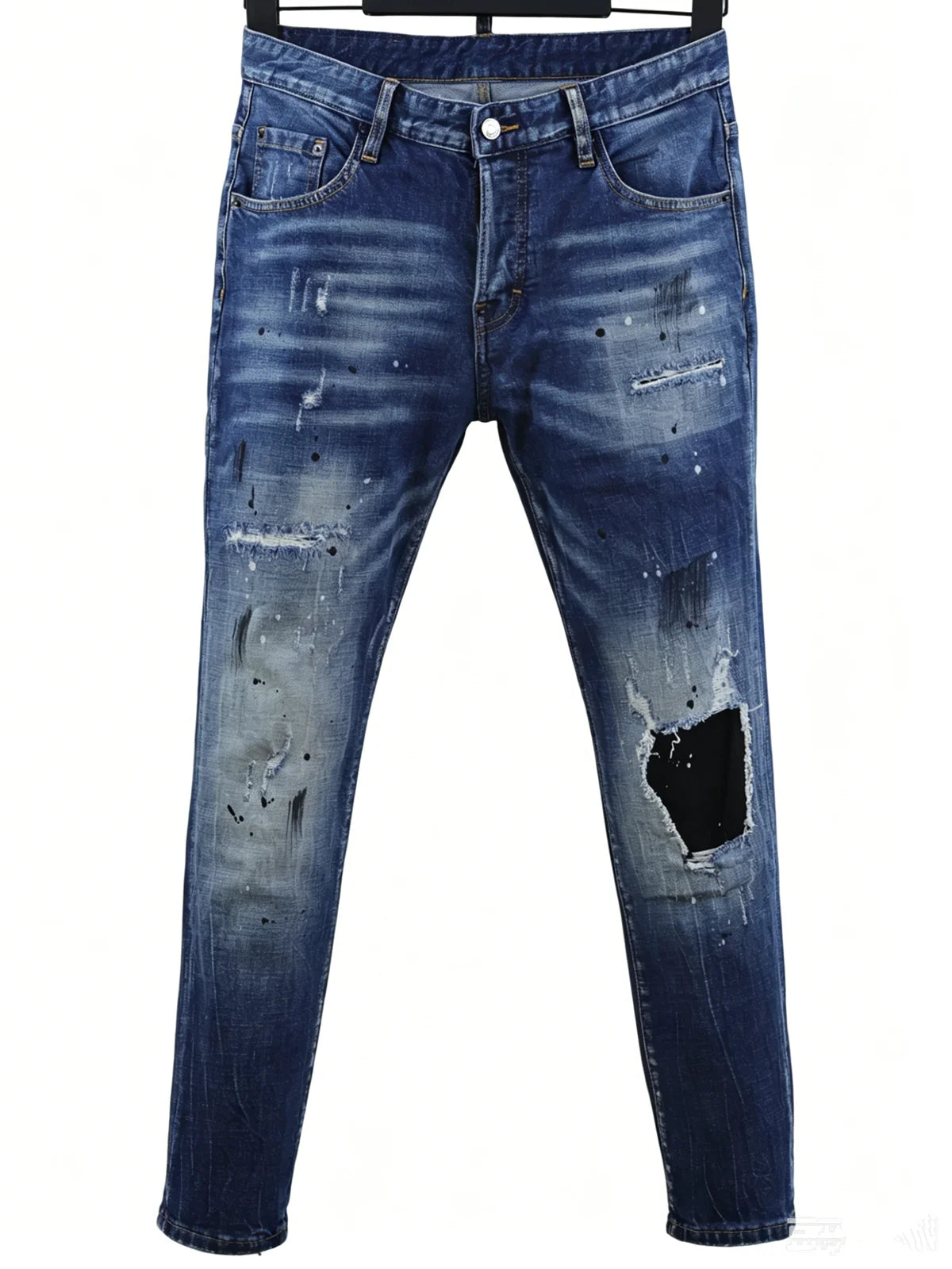 6057 Four Seasons New Men's Wear Washed Ripped Patch Paint Slim-fit Feet Blue Jeans for Men