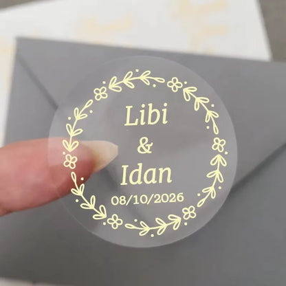 50pcs Custom Transparent Wedding Stickers, Square Transparent Stickers, Personalized Wedding Stickers with Gold Foil Labels