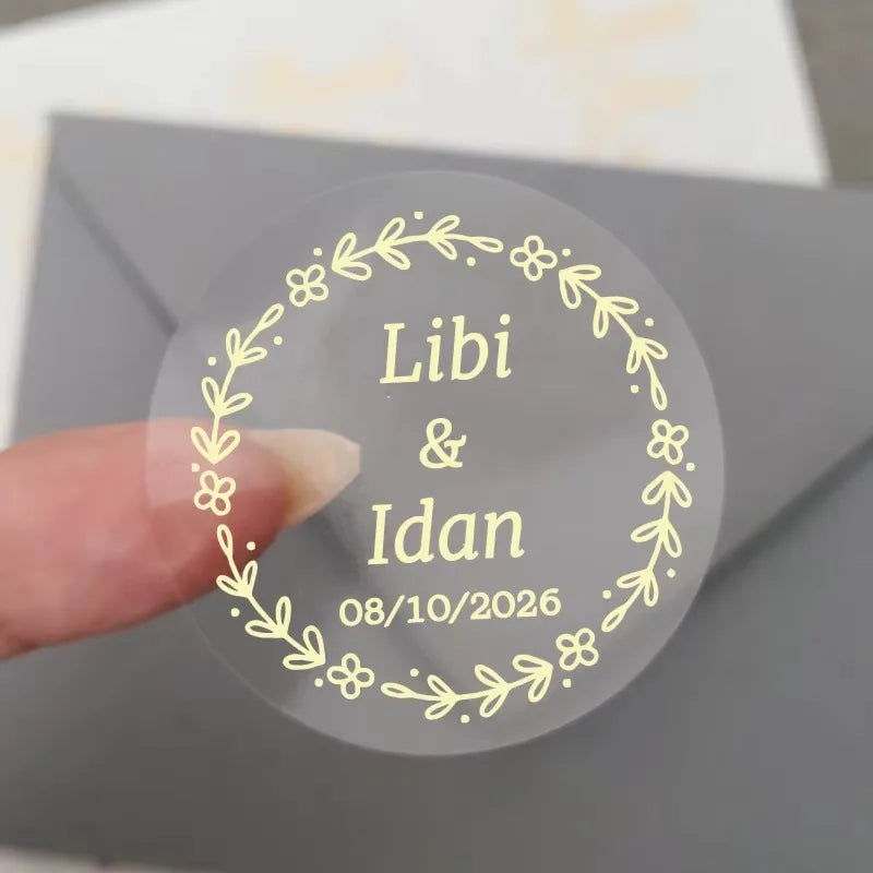50pcs Custom Transparent Wedding Stickers, Square Transparent Stickers, Personalized Wedding Stickers with Gold Foil Labels
