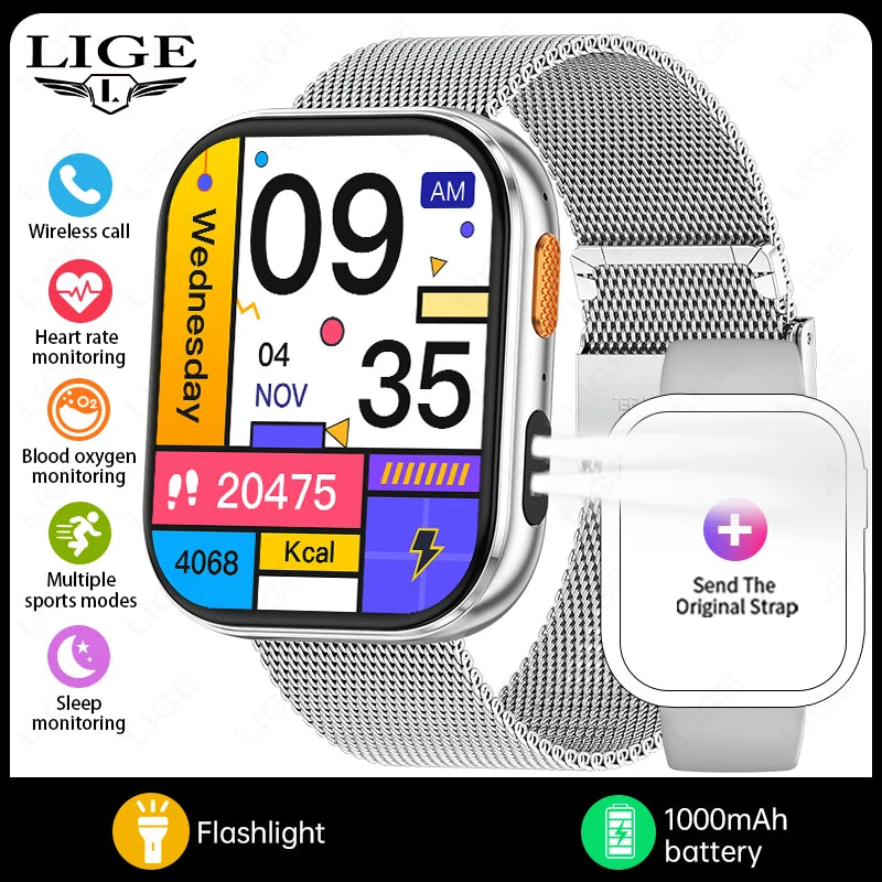 LIGE AMOLED Smart Watch Men 2.04 Screen Bluetooth Call Health Monitor IP68 Waterproof Sport Women Smartwatch New For Android IOS