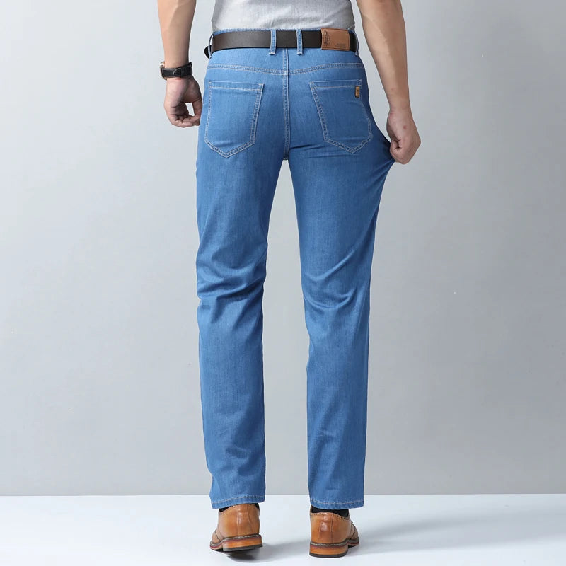2026 New Spring Summer Ice Silk Thin Men's Light Blue Straight Slim Jeans Stylish Casual Stretch Denim Pants Classic Trousers 40