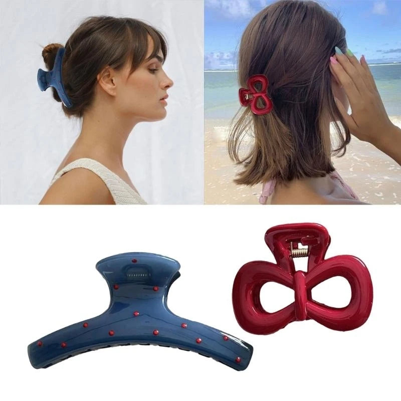 2Pcs/set Vintage Blue Polka Dot Red Bow Hair Clip Shark Claw Clamp Hairpin Barrette Korean Hair Headwear Accessory 2030