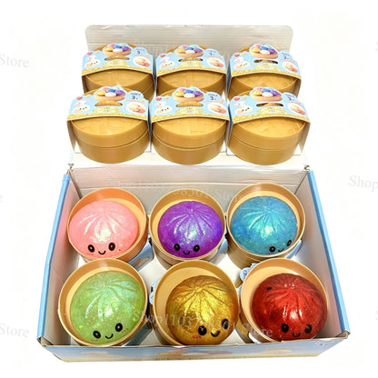 Colorful Dumpling Squishes Stress Balls Fidget Sensory Toys Simulation Food Squishies Bun with Steamer Squeeze Dough Ball Gifts