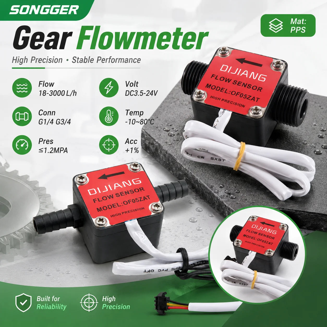 Liquid Flow Sensor G1/4 G1/2 G3/4 DC 3.5‑24V Pulse Gear Flow Meter 18‑3000L/H for Water Oil Milk Measurement
