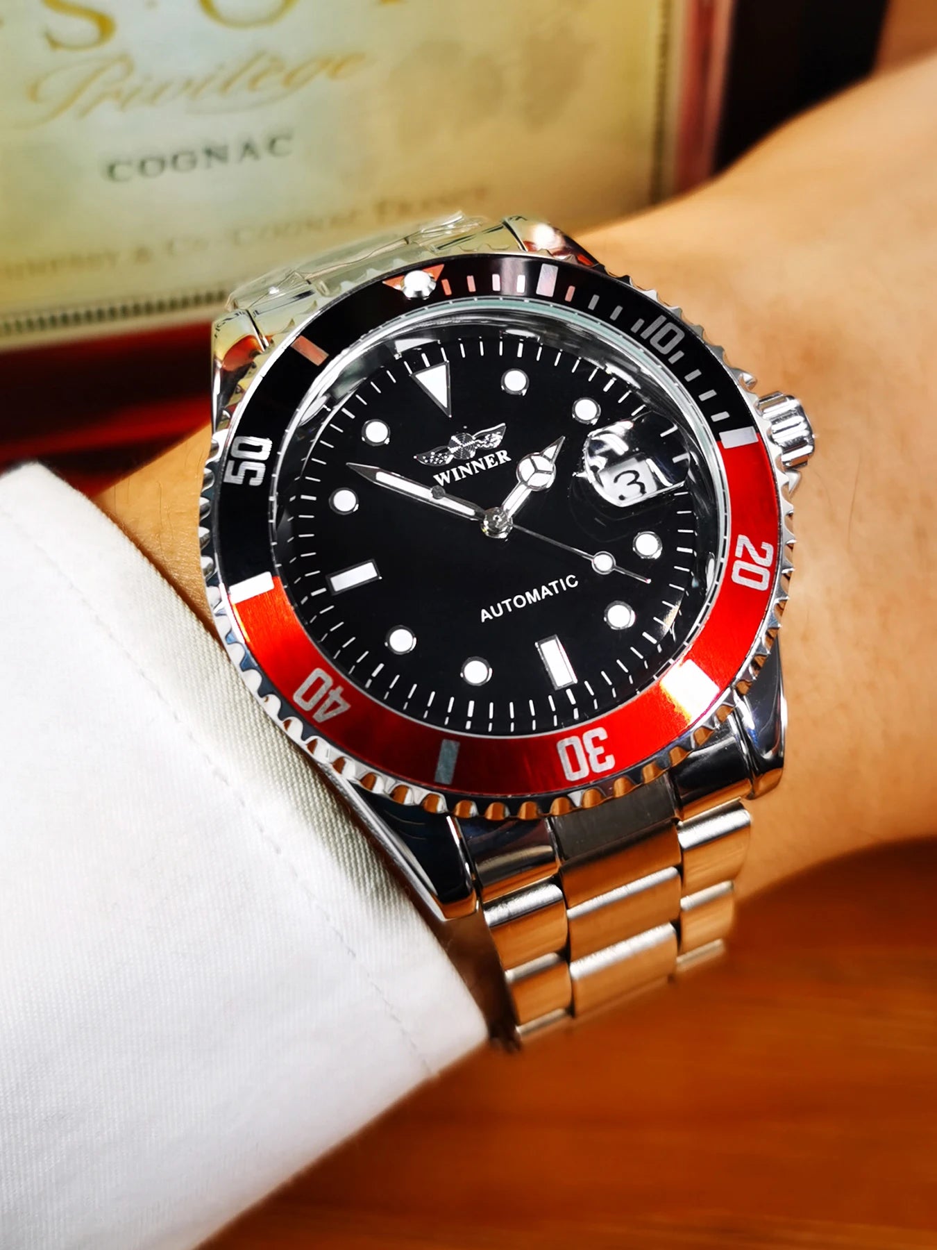 WINNER Classic Mechanical Watches Luxury Brand Business Automatic Watch for Men Rotatable Bezel Luminous Dial Steel Strap Clock