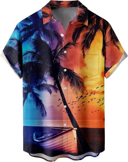 Summer Men's Gradient Sketch Coconut Tree 3D Printed Shirt, Vintage Hawaiian Tropical Quick Drying Loose Shirt