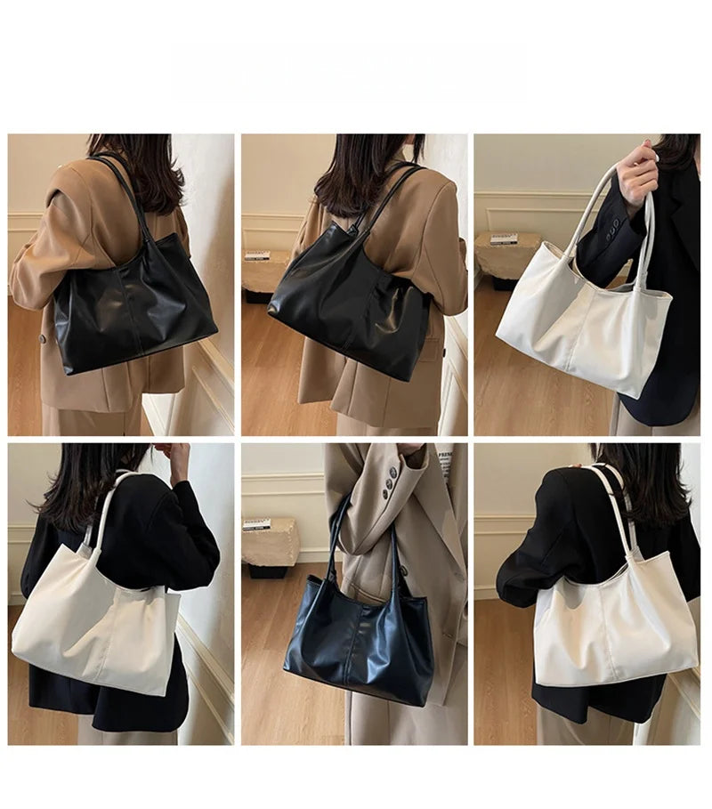 Fashion Women's Bag Large Capacity Tote Daily Commute Women's Shoulder Bag Black Soft PU Leather Handbag Shopping